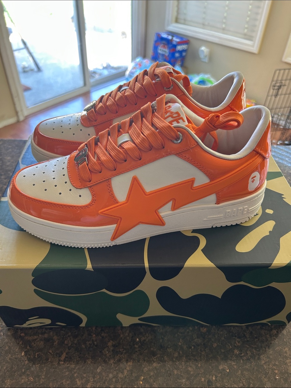 Men Bape  Sta Orange & White Low Sneakers with bag and extra shoelace